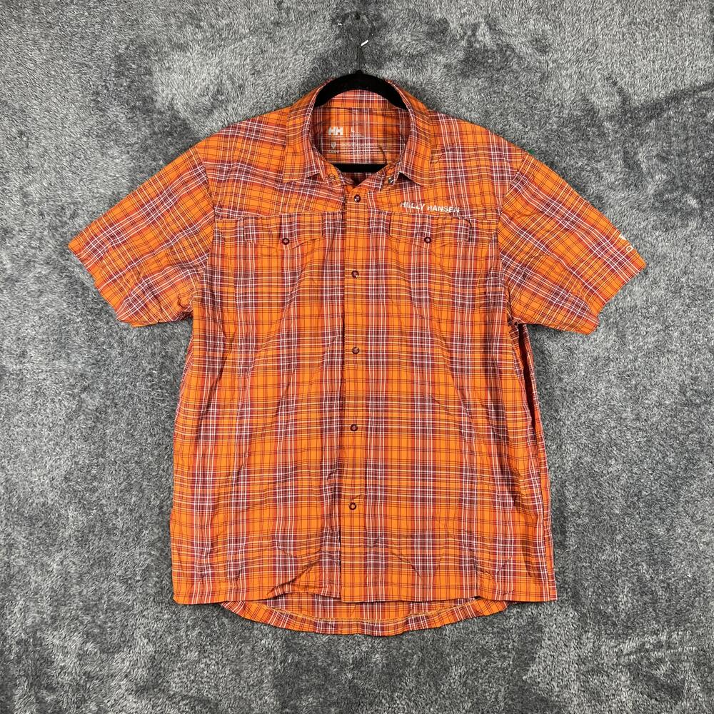 Helly Hansen Shirt Mens L Orange Short Sleeve Button Up Embroidered Pockets Odin